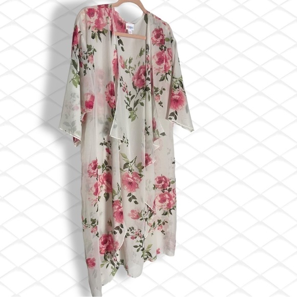 𝅺lularoe Rare off White Coral Pink Roses  Kimono Fits Sizes 10-18 (Med)Cover Up - Picture 2 of 9